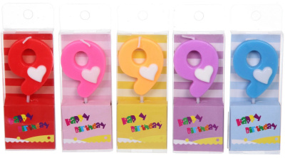 Свеча для торта Цифра Сердечко "9" 9 см, микс цветов (1/60)