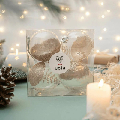 Набор прозрачных новогодних шаров 4 шт., D-8 см с блестками внутри, золото, пластик(1/72)