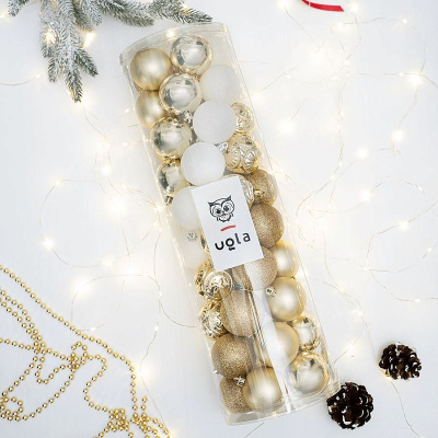 Набор новогодних шаров 50 шт., D-6 см. "Шампань" светлое золото/белый,  микс фактур, пластик(1/8)