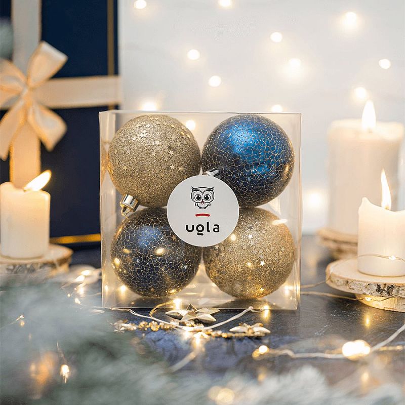 Набор новогодних шаров 4 шт., D-7 см., "Сине-золотое сияние", глубокий синий/золото, пластик (1/72)