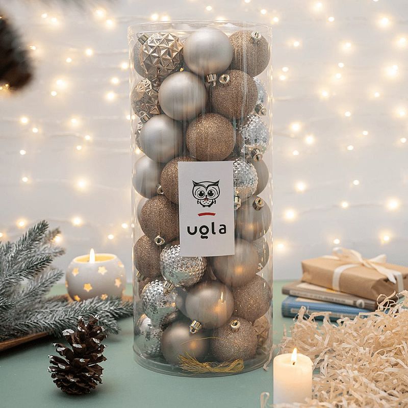 Набор новогодних шаров 50 шт., D-6 шт., "Зимний лес", светлое золото/золото/латунь,  пластик(1/6)