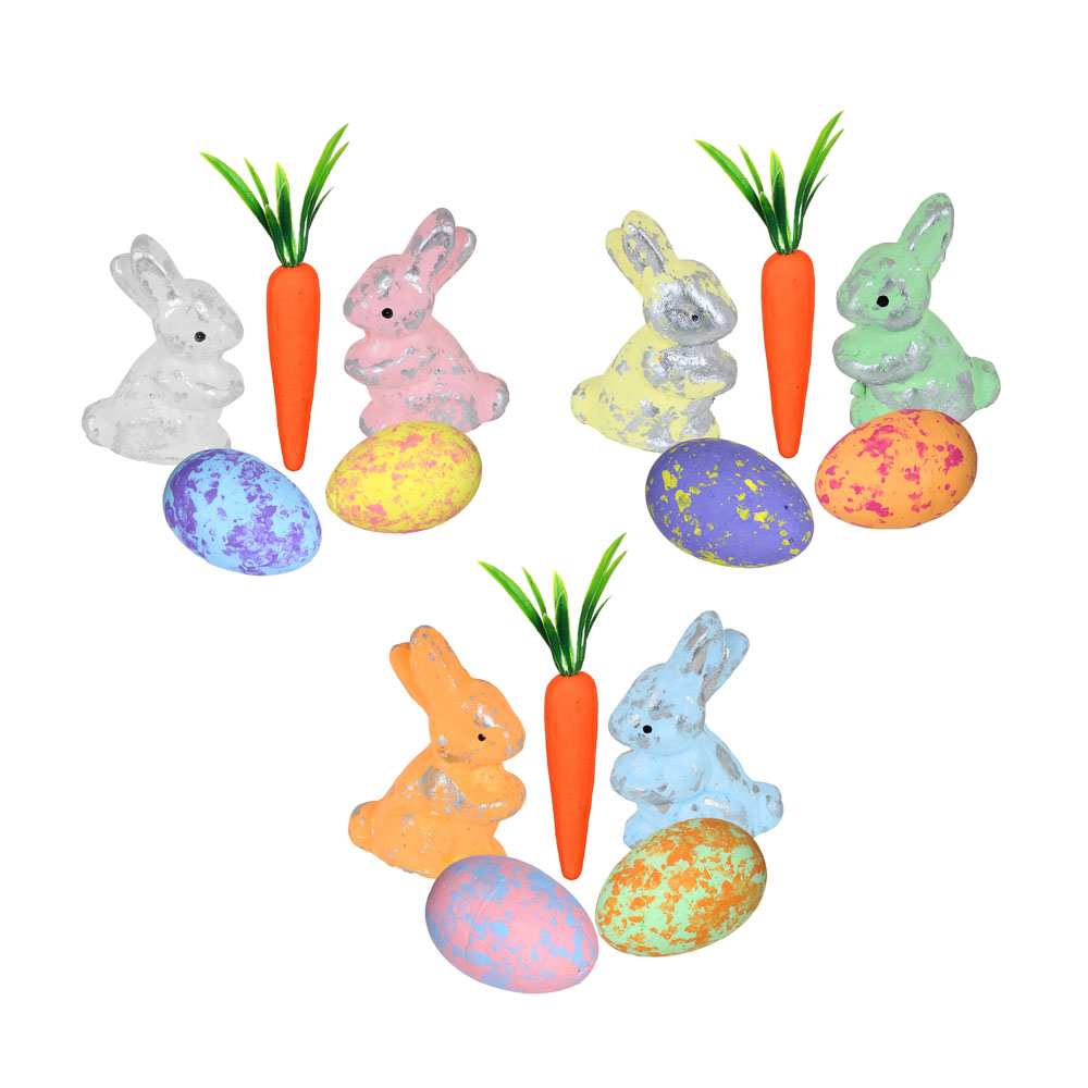Декор Пасхальный Набор - кролик, яйца, морковка 5пр., 15х19 см, пенопласт, 3в (1/12)
