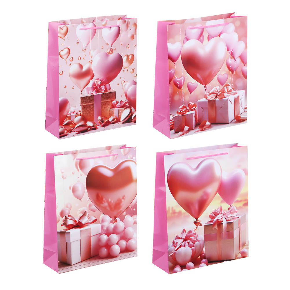 Пакет подарочный бумажный, 26x32x9 см, 128 гр, сердца, 4диз (12/12)