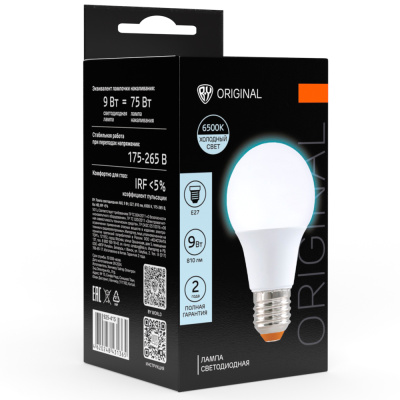 Лампа светодиодная A60 9 Вт, E27, 810 Лм, 6500 K, 175-265 В, Ra>80, IRF <5%,IC, 2 года гар.(10/10/10 Лампа светодиодная A60 9 Вт, E27, 810 Лм, 6500 K, 175-265 В, Ra>80, IRF <5%,IC, 2 года гар.(10/10/10
