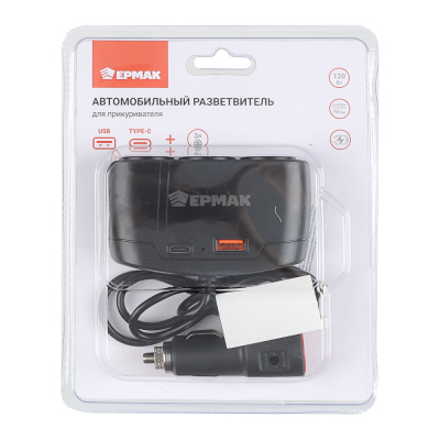 Разветвитель прикуривателя, 3 выхода +1 USB, 60 W, 2.1А, 12/24В,  пластик (1/10/120)