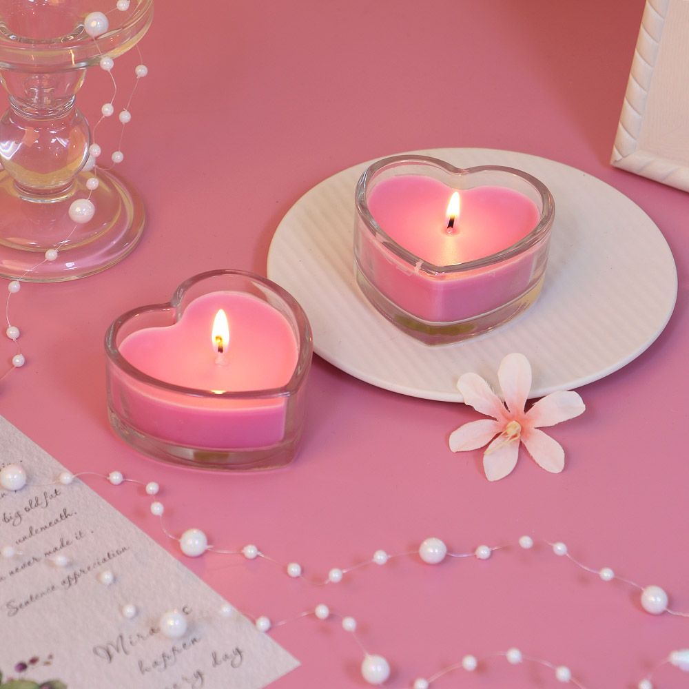 Набор свечей в стеклянном подсвечнике в виде сердца, 2 шт, парафин, цвет розовый LADECOR (1/36)