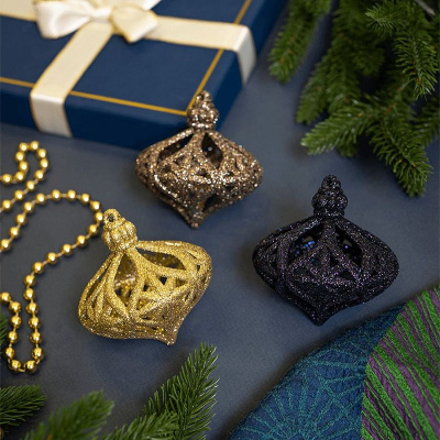 Набор новогодних елочных подвесок 3 шт., D-8.6 см., глубокий синий/коричневый/золото,  пластик(1/1)
