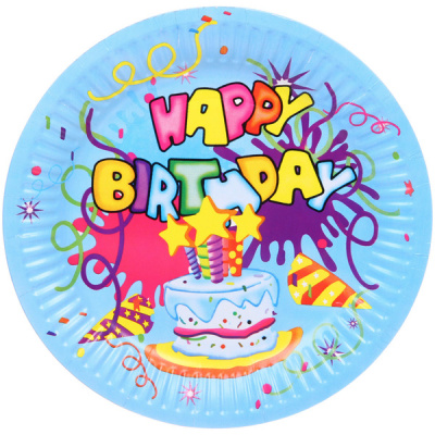 Тарелка бумажная 18 см в наборе 10 шт "HAPPY B-DAY!", Голубой(1/300) 
