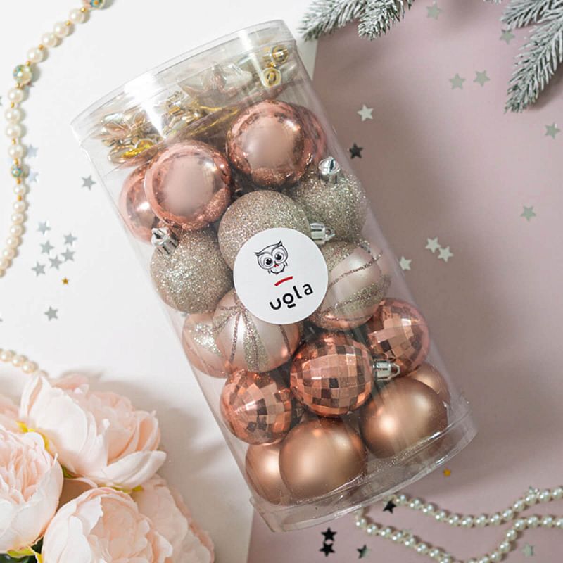 Набор новогодних шаров 35 шт., D-5 см "Розовое золото", корал./св.шампань/св.розов. пластик(1/6)