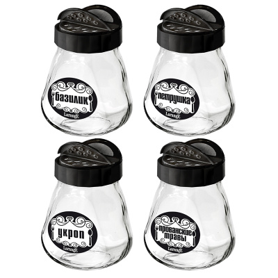 Наб. банок д/хран. специй стекл. 260 мл с чёр. кр-дозат. 4пр. Базилик, Петрушка, Укроп, Пр (1)
