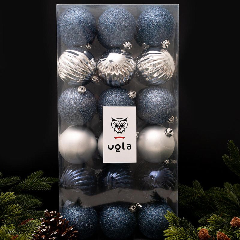 Набор новогодних шаров 36 шт., D-8 см. синий/темно-синий/серебро, пластик(1/6)