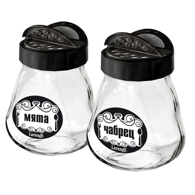 Наб. банок д/хран. специй стекл. 260 мл с чёрной крышкой-дозатором 2пр. Мята, Чабрец (1)