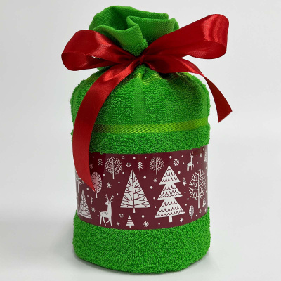Полотенце подарочное "Новогодний мешочек" 70х130, 360гр./м2, зеленый (1/9)
