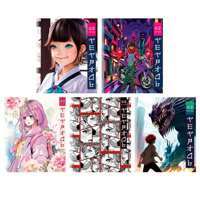 Тетрадь 48л. в клетку, офсет, обложка мел.картон, скрепка, "Аниме", УФ лак, 5диз ClipStudio (1/100)