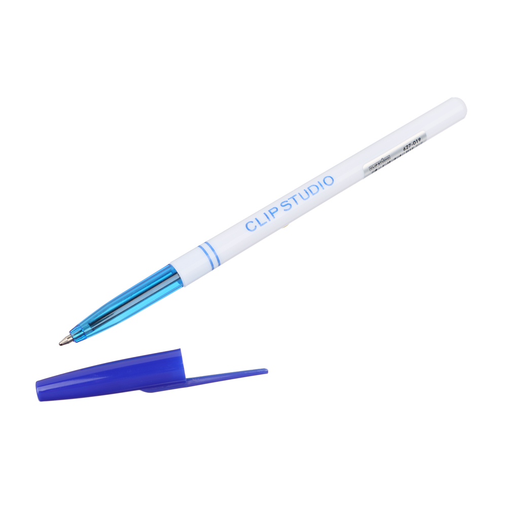 Ручка шариковая синяя ClipStudio с белым корпусом, линия 0,7 мм, с индивидуальной маркировкой (1/50)