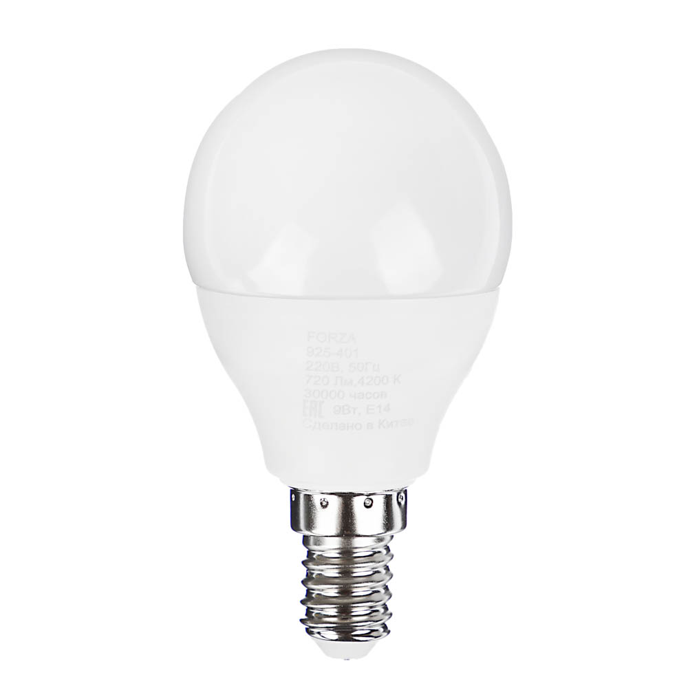 Лампа светодиодная G45 9W, E14, 4200К FORZA (10/100)