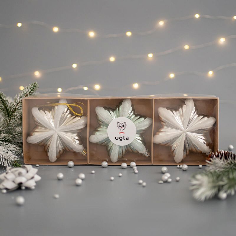 Набор новогодних елочных украшений 3 шт,12.4см "Пуансеттия", сереб/св.зел/св.зол/бел.пластик(1/1/24