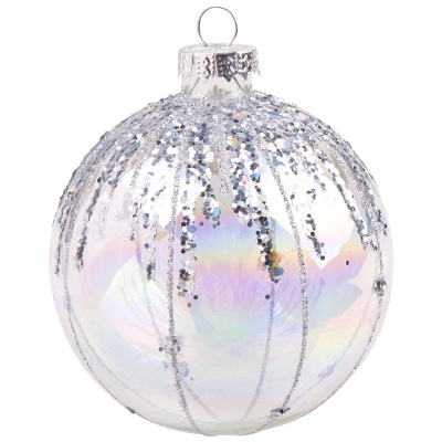 Шар "Иней", 8см, перламутр с серебром (стекло,полиэст.) (1/16/96)