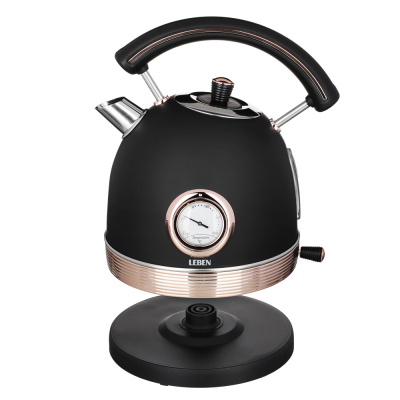 Чайник электрический 1,8 л, 2200 Вт, металл, черный с золотом, термометр LEBEN (1/6)
