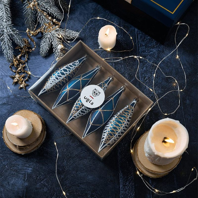 Набор новогодних елочных подвесок 5 шт.,14 см., глубокий синий/золото/белый пластик(1/48)