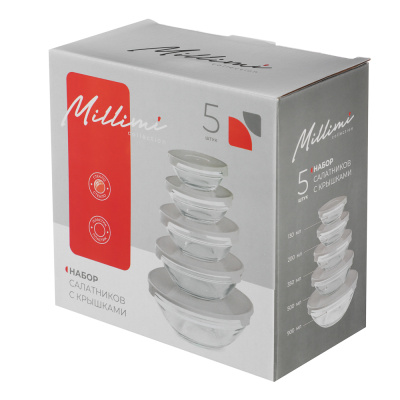 Набор салатников с кр. 5 шт: 900/ 500/350/200/130 мл, стекло, пластик,серый MILLIMI (1/12)