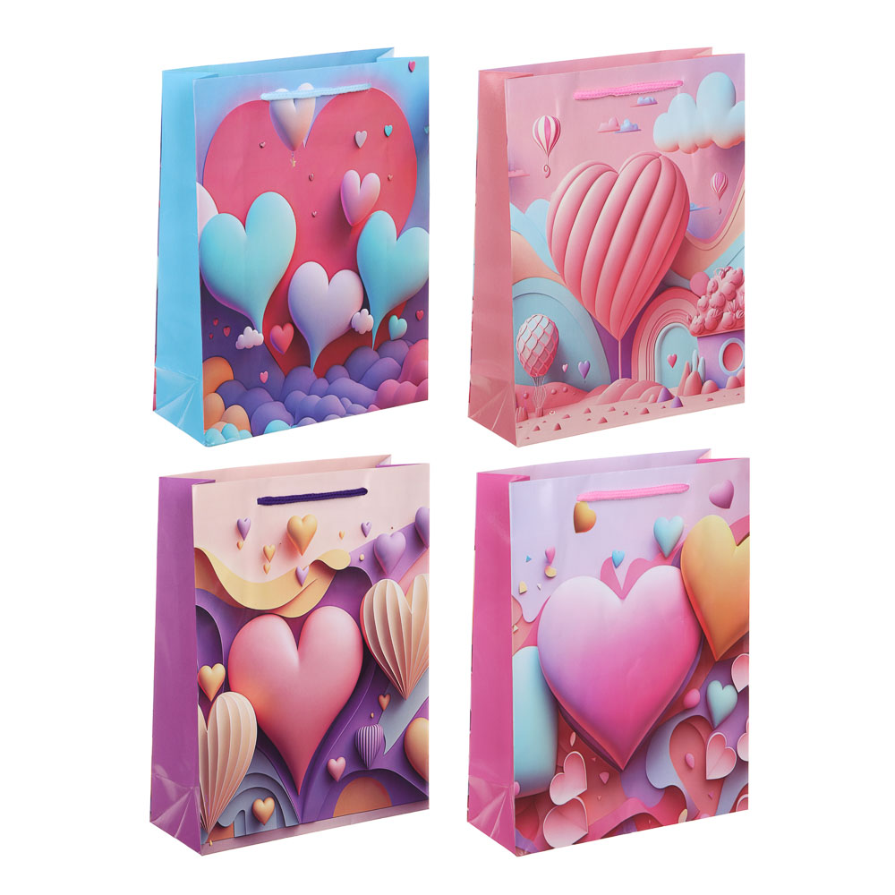 Пакет подарочный бумажный, 18x24x7 см, сердца, 128 гр, 4диз (12/12)