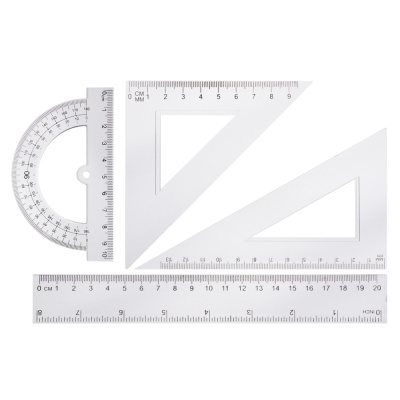 Набор геометрический 4 пр. (линейка 20см, 2 угольника, транспортир) прозрачный, в пакете (1/12/720)