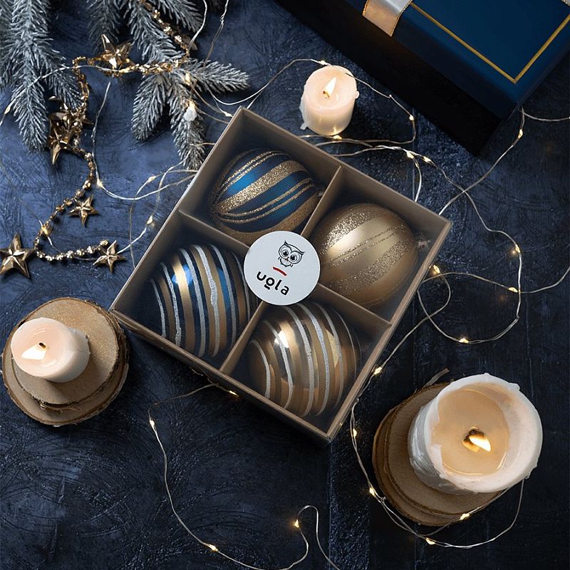 Набор новогодних шаров с узором 4 шт., D-8 см., глубокий синий/золото, пластик (1/72)