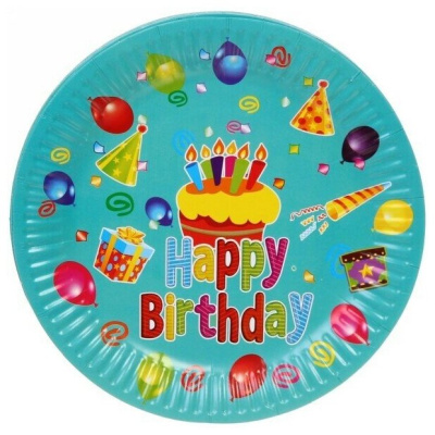 Тарелка бумажная 18 см в наборе 10 шт  "День рождения" Тортик, голубая (1/300)