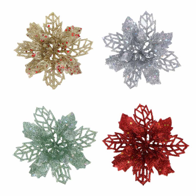 Набор елочных украшений, 4 шт, Пуансеттии, 9 см СНОУ БУМ (1/6)