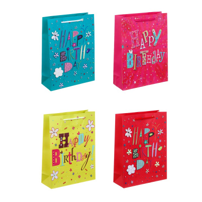 Пакет подарочный бумажный, 18x24x7 см, 128 гр, 4 диз, С Днем Рождения (12/12)
