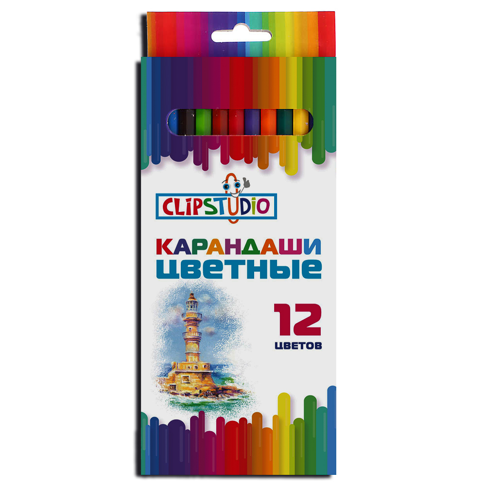 Карандаши 12цветов ClipStudio шестигранные заточенные в карт.коробке с подвесом (пластик) (1/12/252)