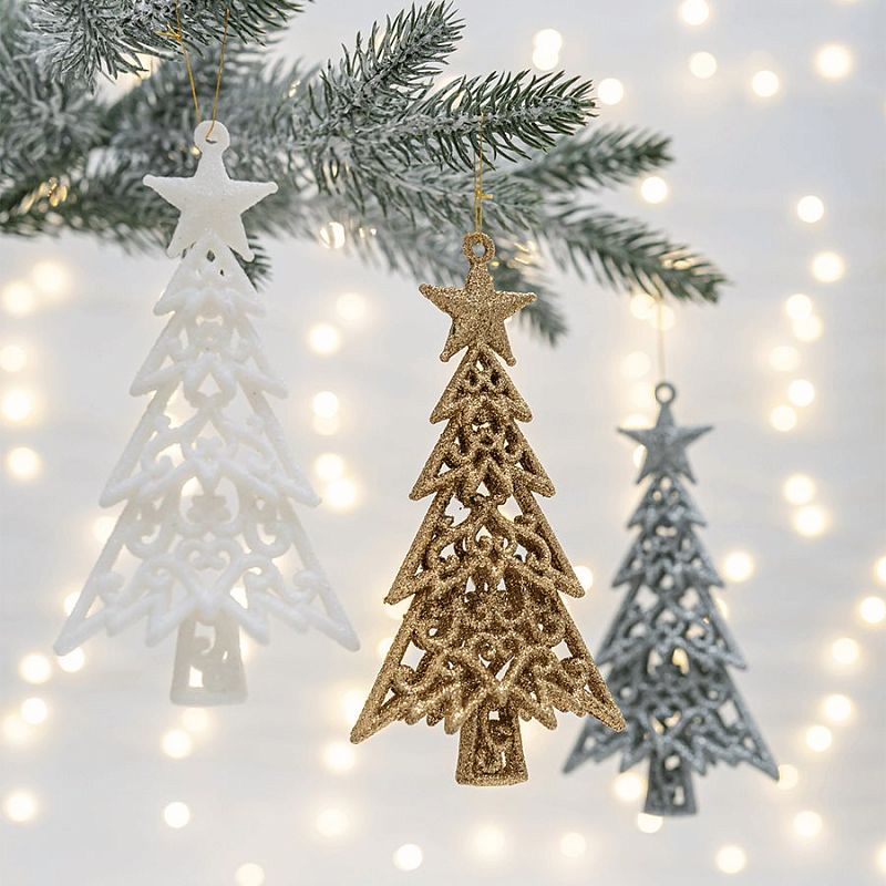 Набор новогодних елочных украшений 3шт,14 см,"Ель рождественская", белый/серебро/св.зол. пласт(1/36)