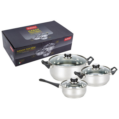Набор посуды из 6 предметов BAKS-SET-6 из нерж стали (2 кастр+ковш) с крышками: 2,0/2,8 л+1,4л) (1/4