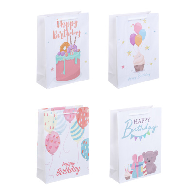 Пакет подарочный бумажный, 18x24x7 см, 128 гр, 4 диз, Happy Birthday(12/12)