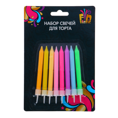 Набор свечей для торта 8 шт с подставками, 8 см, неоновый цвет, парафин, пласт. (12/12)