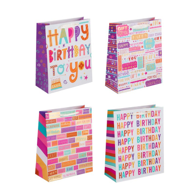 Пакет подарочный, высококачест.бумага, с фольг.слоем, 26x32x12см, 4 диз., С Днем Рождения(1/12)