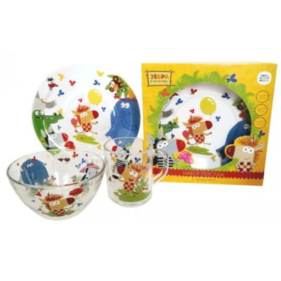 Набор 3пр "Зебра в клеточку" кружка 250мл, салатник 13см, тарелка 19,5см п/у (стекло) (1/5)