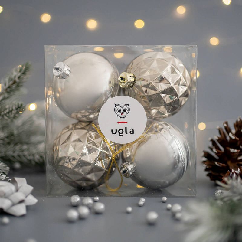 Набор новогодних шаров 4 шт., D-8 см. "Морозное утро", серебро/коричневый, пластик(1/1)