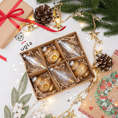 Набор стеклянных новогодних украшений 6 шт, 7.6 см, золото/прозрачный (1/4/24)