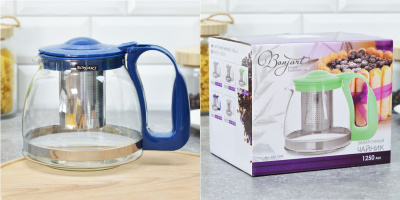 Чайник 1250мл заварочный с фильтром цв.синий (стекло) (1/18)