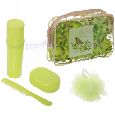 Набор банный дорожный 4шт "Traveler - Птички", микс 2 цв., (мочалка, футляр 2шт, расческа), 21,5*14*