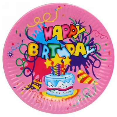 Тарелка бумажная 18 см в наборе 10 шт  "День рождения" Тортик,  розовая (1/300)