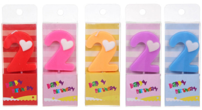 Свеча для торта Цифра Сердечко "2" 9 см, микс цветов (1/60)