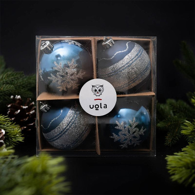 Набор новогодних шаров с рисунком 4 шт., D-8 см., синий/серебро, пластик (1/24)