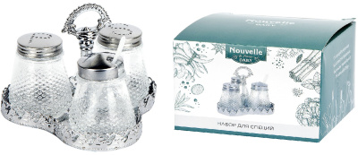 Набор д/специй 3пр (солонка, перечница, баночка для горчицы) м/п(стекло,нерж.) (48)