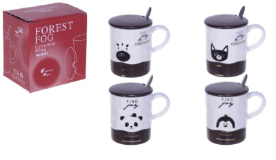 Кружка с крышкой и ложкой 350мл, L12 W8,5 H10,5 см, (4в)(фарф.)п/у (1/72)