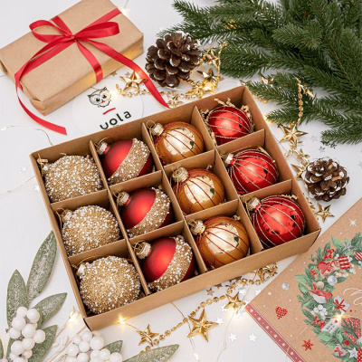 Набор стеклянных новогодних шаров 12 шт D-6 см с декором, красный/золото 1/12)