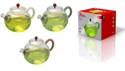 Чайник заварочный 1000 мл, ручка белая/зелёная/бежевая борос.стекло п/у (1/24)