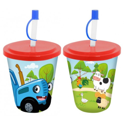 Бокал "Синий трактор" 400 мл с крышкой и трубочкой пластик(1/18)